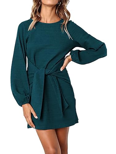Image of PRETTYGARDEN Womens Spring Elegant Long Lantern Sleeve Short Dress Wedding Guest Crewneck Tie Waist Knit Cocktail Dresses