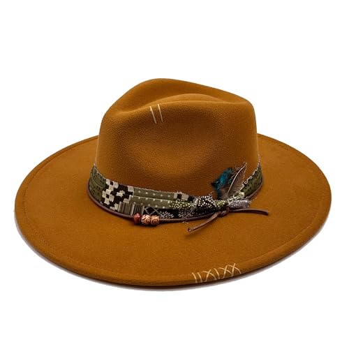 Image of Classic Wide Brim Fedora Hat for Women Man Floppy Panama Hat Western Felt Outdoor Hat with Band Sun Protection