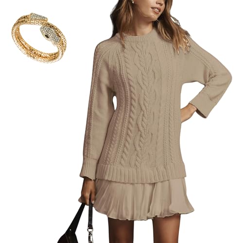 Women Crewneck Cable Knit Sweater Mini Dress, Sweater Dress with Pleated Skirt, Fall Winter Outfits