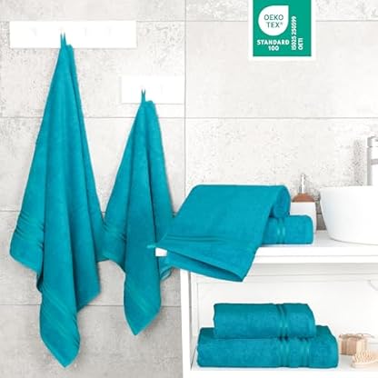 Hammetex 6 teiliges Handtuch Set, 100% Baumwolle Weich Saugstark Qualität Handtücher Set, 2 Badetücher 70x140 cm, 4 Handtücher 50x100 cm, Türkis – Bild 4