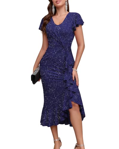 Biodeer Women Sparkly Dresses Wedding Cocktail Party Ruffle Sleeves Ruched Wrap Sparkly Glitter Dress Navy Blue 3XL