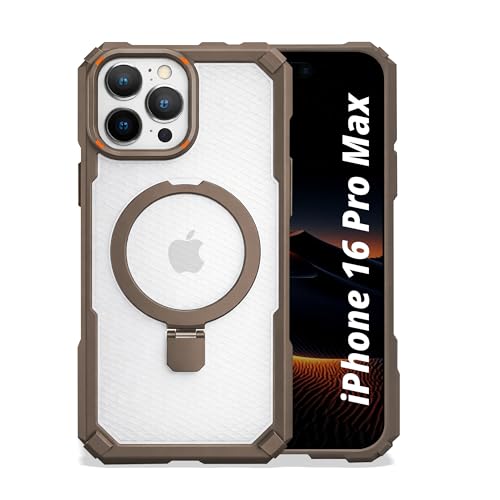 Image of AIBEX Transparent Back Cover Compatible for iPhone 16 Pro Max| Mag-Saf Magnetic Ring Kickstand | Shockproof Dual Layer Military Grade Drop Protection Armor Case| Wireless Charging Support - Brown