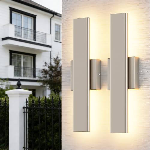 Image of Aipsun 15.7 inch Nickel LED Outdoor Wall Sconce, Modern Exterior Wall Light | 2 Pack 3CCT(3000K-4000K-6000K) IP65 Waterproof, Memory Function, Linear Outside Wall Light for Entrance, Garage, Porch, Patio