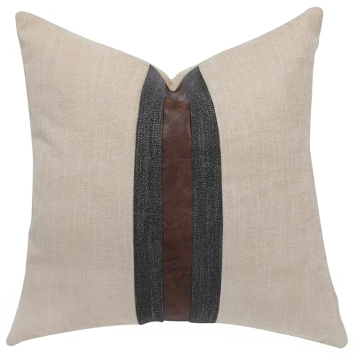 BOYSUM Farmhouse Decorative Outdoor Throw Pillow Covers for Couch Sofa Bed Brown Faux Leather Accent Pillow Cover Modern Decor Pillow Case 18 x 18 Inch (Beige)