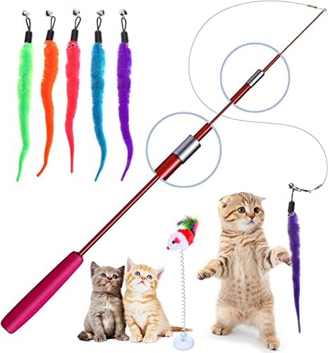 Retractable Cat Toys Wand with 5 Piece Teaser Refills, Interactive Cat Feather Toy for Cat Kitten Having Fun Exerciser Playing(Red)