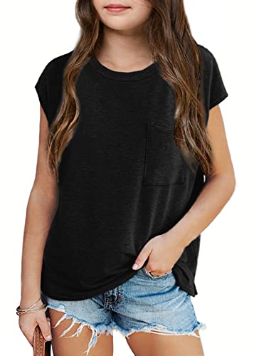 Haloumoning Girls' T-Shirts Round Neck Short Sleeve Cap Sleeve Top Lightweight Plain Tee with Chest Pocket Summer Top 7-14 Years, Black, 10-12 Years