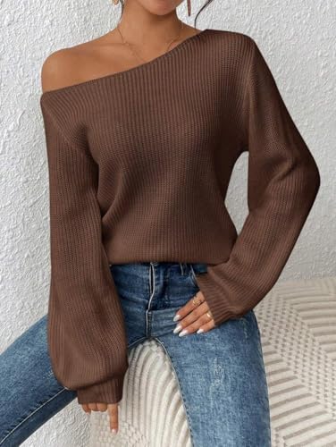 SKAYS Womens Off The Shoulder Sweater Asymmetrical Neck Fall Ribbed Knit Long Sleeve Pullover Sweaters Lightweight Top3