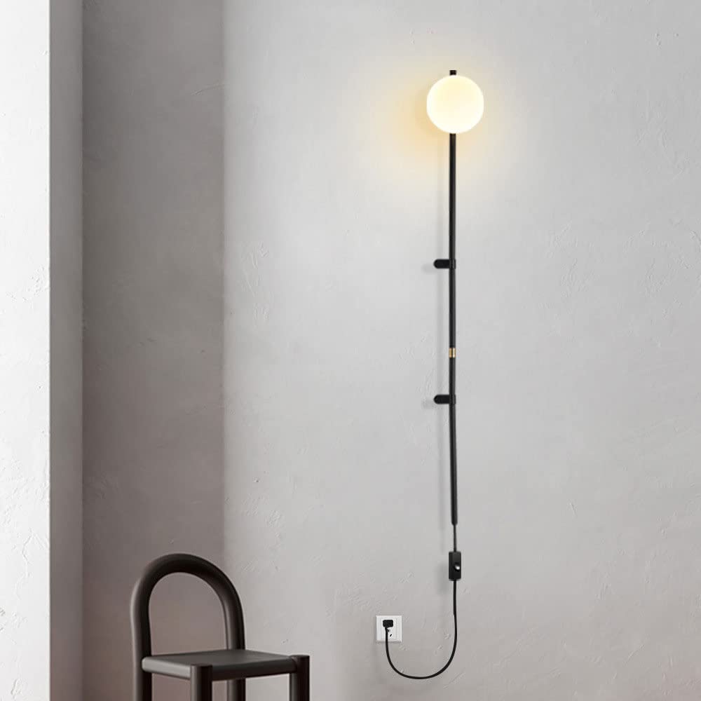 SXECAEPS Plug In Wall Lamp Minimalist Globe Mount Light Long Arm Sconce with White Glass, Living Room Decor Black Lighting Fixture, Bedroom Hallway Sconces