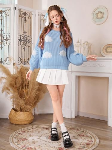Image of WDIRARA Women's Cloud Pattern Round Neck Long Sleeve Sweater Casual Knit Pullovers Blue L
