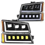 DNA MOTORING Pair Full LED Projector Sequential Headlights Compatible with 03-06 Chevy Silverado...