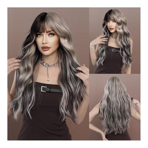 Perruques cheveux humains longs bouclés grande vague argent rose - 2