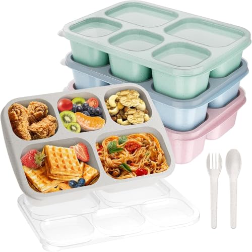 4 Pack Bento Box Adult Lunch Box, 5 Compartment Meal Prep Container for Kids, Reusable Food Storage Snack Containers Stackable for School, Work, and Travel Wheat