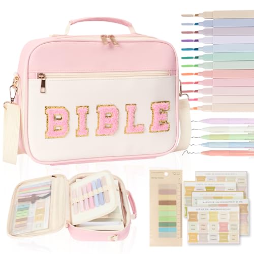 Bible Cover Case for Women Bible Study Supplies Large Preppy Chenille Pink Leather Bible Carrying Tote Bag Letter Bible Case Christmas Christian Gifts for Women Girls (Pink Large)