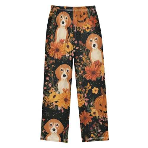 Beagle Pumpkin Flower Boys Long Pants Soft Trousers Elastic Waist Kids Lounge Bottoms with Pockets S-XL2