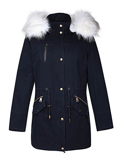 Bellivera Women's Twill Parka Jacket with Faux Fur Collar,Warm Winter Coat for Women Bluewhite Large