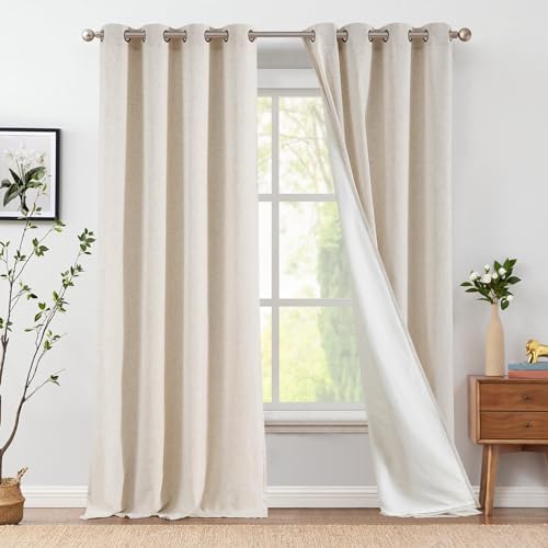 Image of jinchan Lined Linen Curtains 108 Inch Light Filtering Grommet 2 Panels Beige