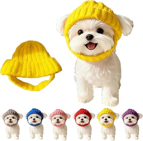 Red Wool Knit Dog Beanie with Ear Flaps - Warm Winter Hat, Flexible Fit That Stays Put for Small and Medium Breeds (Yellow)