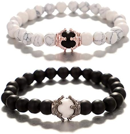 UEUC Distance Couple Bracelets with CZ King&Queen Crown His&Hers Black Matte Agate 8mm Beads Bracele