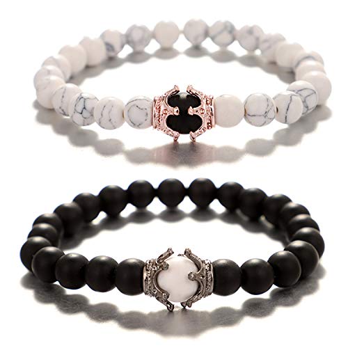 UEUC King&Queen Crown Distance Couple Bracelets His Hers Black Matte Agate 8mm Beads Bracelet