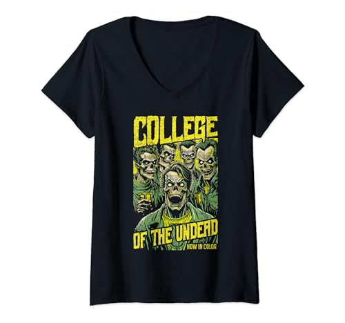Halloween College Zombie Horror Movie Funny Teacher Student V-Neck T-Shirt