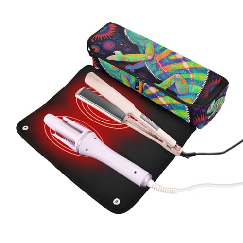 Estuche de viaje 2 en 1 para plancha rizadora con tapete resistente al calor impermeable para herramientas calientes, planchas y estilizador de cabello efecto arcoíris camaleón psicodélico miniatura 2
