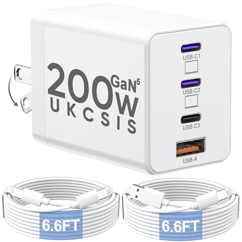 Image of 200W USB C Charger Block, Adapter for iPhone 17 /16 /15 Pro Max Charger Fast Charging, Foldable 4-Port GaN5 Fast Charging Block, Dual 65W Laptop Super Fast Charger Type C for MacBook Pro /Air iPad