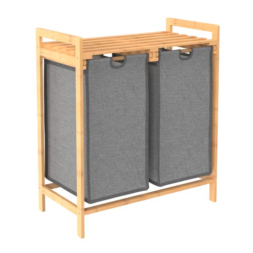Closetmaid Bamboo Laundry Hamper And Shelf, 2 Sliding Bag Sections, Laundry Sorter With Dual Compartments, Gray Bags, Natural Finish #TOP1