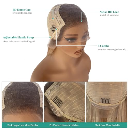 Image of Ash Blonde Lace Front Wig Human Hair, 13x4 Silky Straight Mini Knots HD Invisible Lace Wig for Women Glueless Blonde with Brown Highlights Wigs 26 Inch 180% Density Pre Plucked Free Part Frontal Wigs