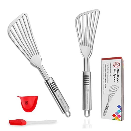 Fish Spatula - Stainless Steel Slotted Turner with Durable 1.2mm Thickness Blade for Fish/Egg/Meat/Dumpling Turning, Flipping, Frying and Grilling, Free Silicone Brush and Bonus Oven Mitt - Set of 2