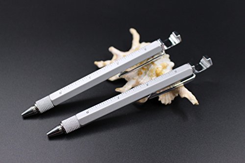 Jason Yuen 2Pcs Pack 7 In 1 Multi-Function Metal Tool Pen With Ruler,Ballpoint Pen,Phone Holder,Stylus,2 Screw Driver And Opener, Multifunction Tool Pen Fit For Mens Gift (Model C, 2Pcs Light Silver) #TOP2