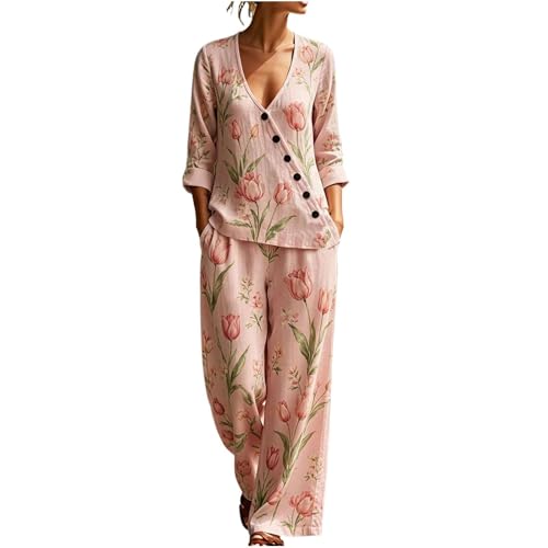 Blouse imprimé fleurs vintage col en V et pantalon large en lin fluide d'été