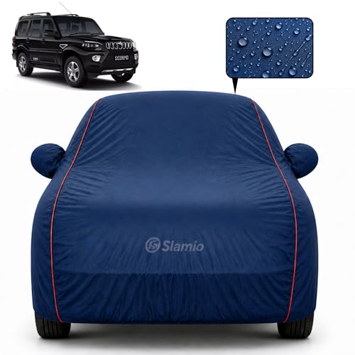 Image of Premium 100% Waterproof Car Cover for Mahindra Scorpio 2014-2021 Models All-Weather, UV & Dust Protection | Heavy-Duty 3-Layer Fabric | Custom Fit with Mirror & Antenna Pockets | Navy Blue