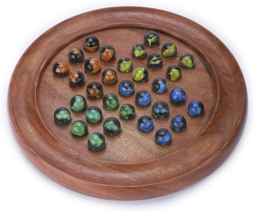 Ajuny Wooden Solitaire Board Game – Handcrafted Round Peg Puzzle with 33 Marbles + 7 Extra, 12x12 Inch Strategy Game for Adults & Kids, Unique Gift...