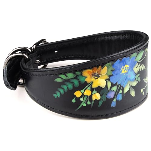 FAVPET Handbemalter Echtleder Windhund Halsband Breit mit QR Code Anhänger, Weiches Lederhalsband Hund Whippet Italienisches Windspiel Saluki Lurcher Spanischer Galgo Podenco (Blaue Mohnblumen, M)