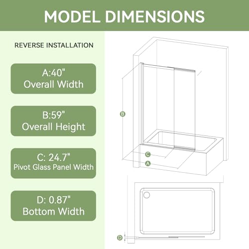 Image of 40 inch W x 59 inch H Pivot Tub Shower Door, 3 /16 inch(5mm) Glass, Matte Black