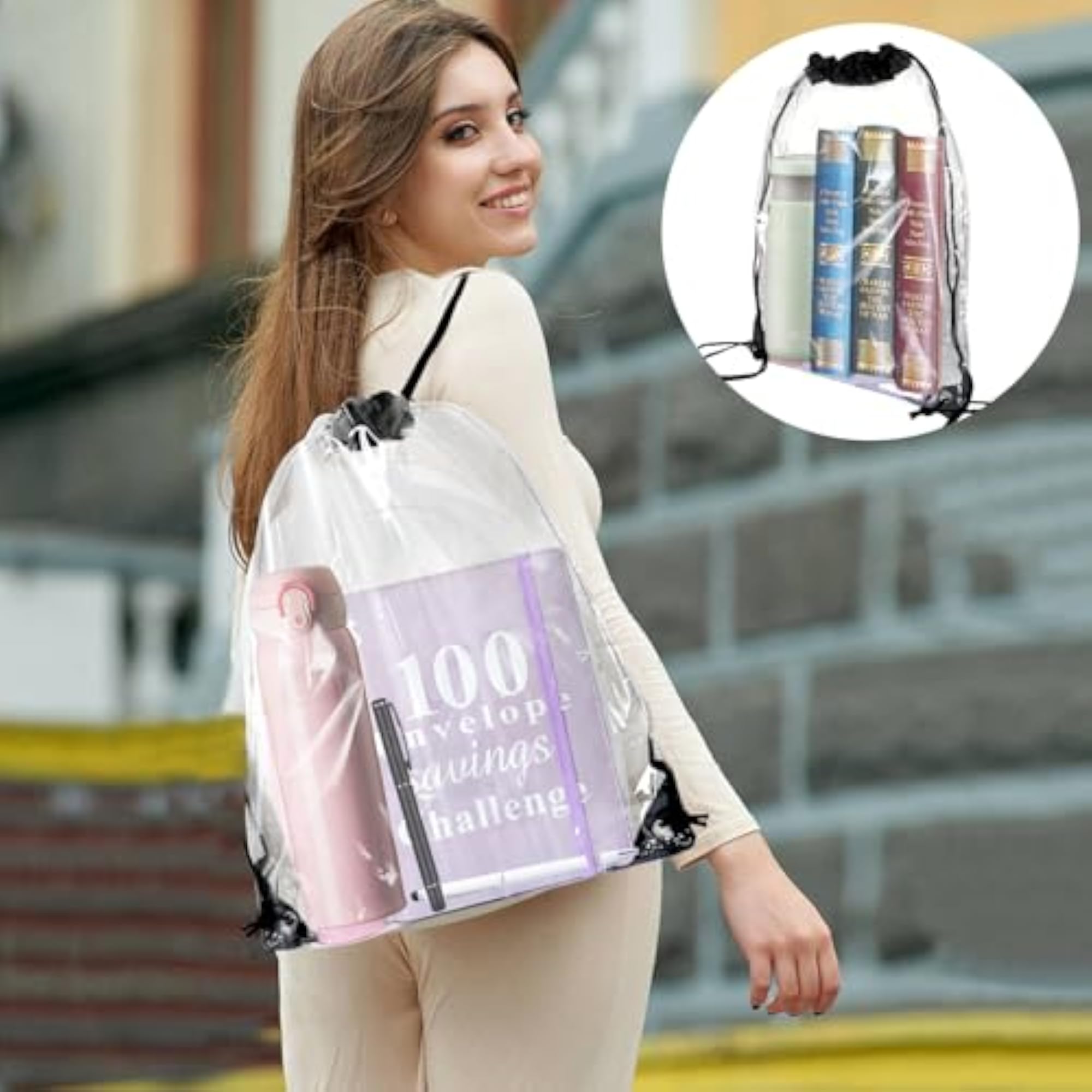 Pack of 4 Transparent Drawstring Backpacks, Clear Bags