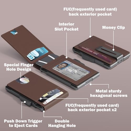 Image of umoven Wallet for Men - Slim Leather RFID Blocking Bifold Minimalist Wallet with Metal Pop-Up Card Holder, Money Clip, Credit Card Slots - Men's Wallet, Chocolate Brown