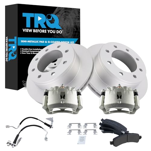 Image of TRQ Rear Brake Pad & Rotor Kit Semi-Metallic Premium G-Coated Compatible with 2008-2016 Chevrolet Express 2500 2004-2016 Express 3500 GMC Savana 2500 Savana 3500