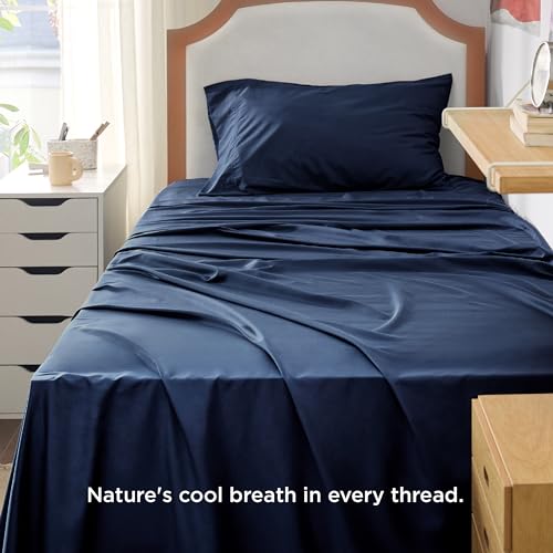 Image of Bedsure PureWoven 100% Rayon Derived from Bamboo, Twin XL Sheets, 3 Pieces | Cooling Sheets for Hot Sleepers, Breathable & Silky Soft, 16 inch Deep Pocket, Hotel Luxury Bedding, Navy