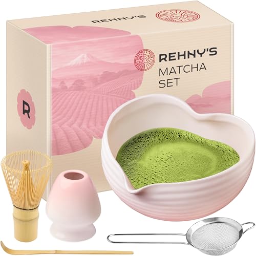 Rehnys Matcha Whisk Set | Complete Pink Matcha Set w/Heart-Shaped Bowl Bamboo Whisk Holder Stainless Steel Sifter Bamboo Scoop | Cute Gift Present Macha Kit Handmade Bowl | Macha Powder Tea Kit
