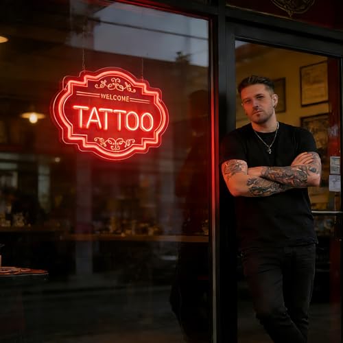 Image of Tattoo LED Neon Sign, 14 x 11 In Dimmable Light Up Wall Decor | USB Powered Light up Signs Decor for Bussiness Shop Studio & Salon, Gift for Artists