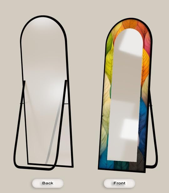 23,5’’W x 67’’H Botanic Spectrum – Leaf Pattern Abstract Floor Mirror Arched Full Lenght Mirror - Arch Full Body Stained Floor Mirror with Black Frame with Black Frame