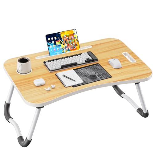 Image of Folding Lap Desk, 23.6 Inch Wood Laptop Bed Desk with Cup Holder, Portable Bed Table for Working Writing Reading, Eating for Bed, Floor, Sofa, Couch - Yellow