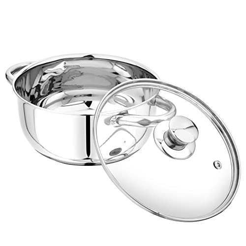 Image of Pristine Stainless Steel Tri Ply Induction Base Cook n Serve Casserole with Glass Lid, 14cm, (1L, Silver)