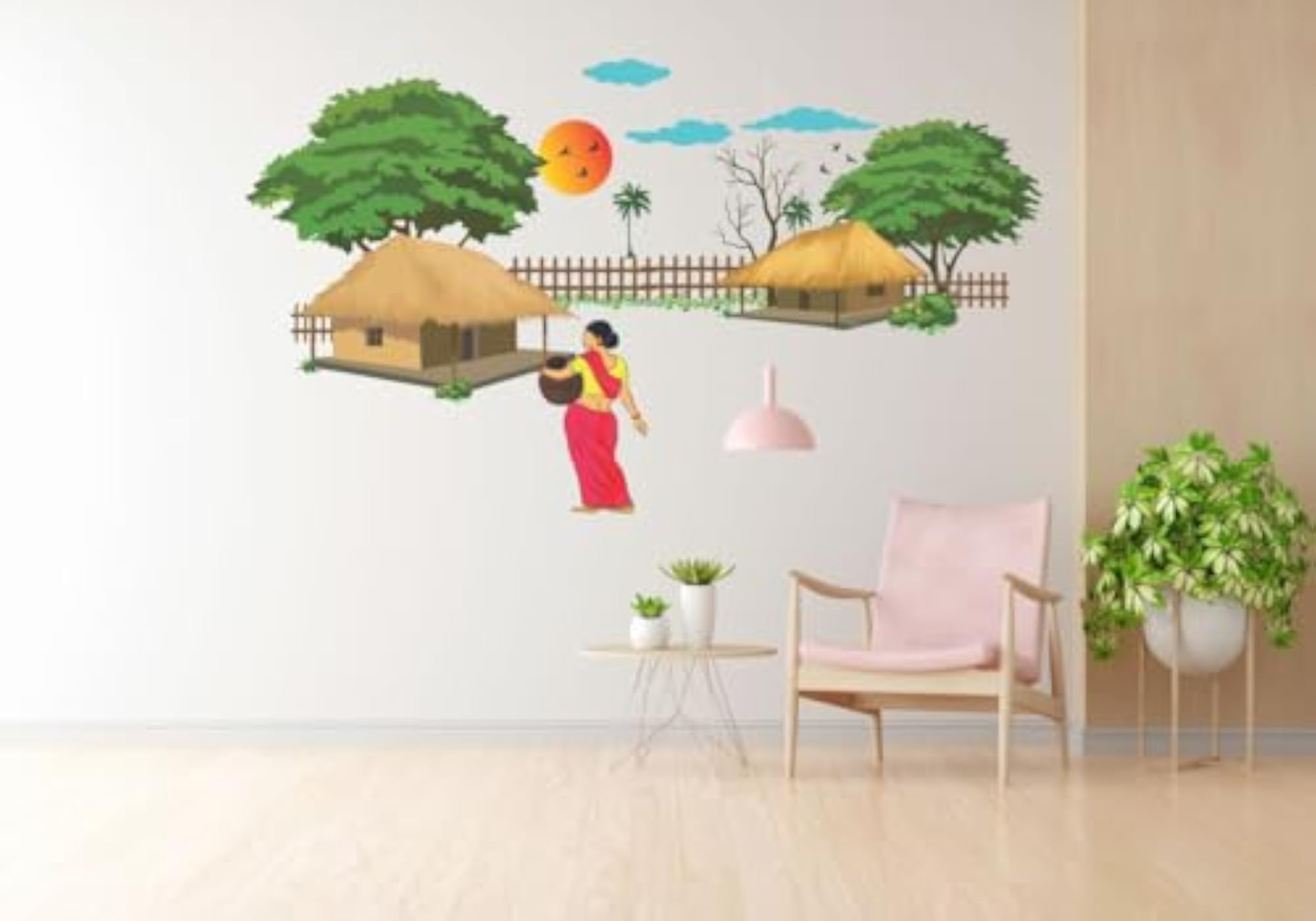 Village Scenery Painting Vastu Wall Art, Self-Adhesive