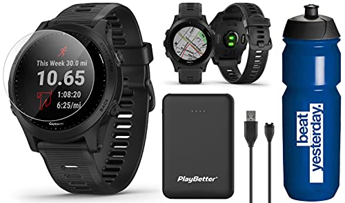 Garmin Forerunner 945 (Black) Runners Bundle | with Garmin Water Bottle, PlayBetter Portable Charger, HD Screen Protectors | Premium Running GPS Watch | Heart Rate, Music, VO2 Max | 010-02063-00