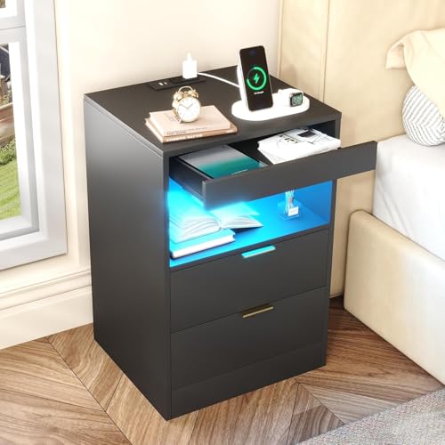 Gadroad LED Nightstand Bedside Table with Charging Station, End Table with 2 Drawers and LED Lights,...