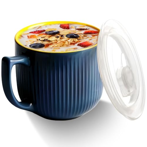 Cuenco de cerámica con asa, 900 ml, tazas de sopa para microondas con tapa, cuenco de ramen, taza de café grande para almuerzo, pasta, fruta, cereales (gris)
