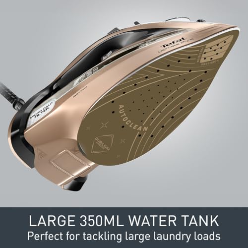Tefal Ultimate Pure Steam Iron, 3100W, 300g/min Steam Boost, 350ml Water Tank, 2.5m Cord, Non-Stick Durilium Airglide Soleplate, Micro-Calc Filter, Anti Scale, Anti Drip, Black and Bronze FV9854G0