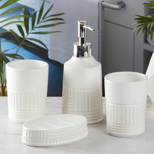 Image of SaSaSa Ceramic Bathroom Accessories Set of 4 Modern Bath Set with Soap Dispenser & Toothbrush Holder, Luxury Home & Gift Idea, White /Beige (8142)